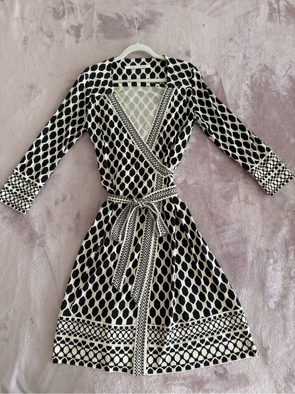 Diane Von Furstenberg Black & Cream Wrap Dress with Geometric Print